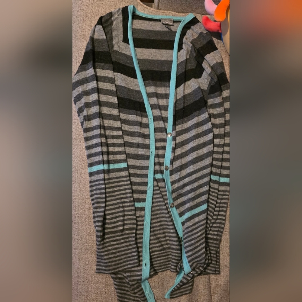 Vanity Gray and Black Striped Cardigan with Turquoise Trim